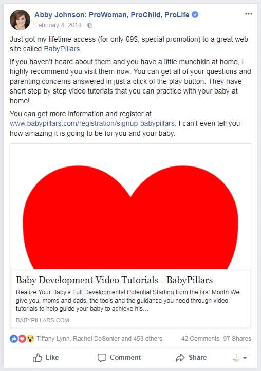Abby Johnson, BabyPillars parent